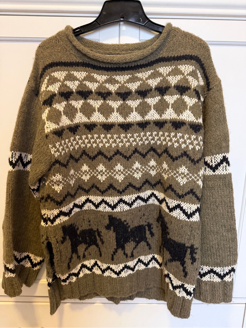 Altar'd State Olive & Cream Horse Fern Fair Isle Turtleneck Sweater XXS